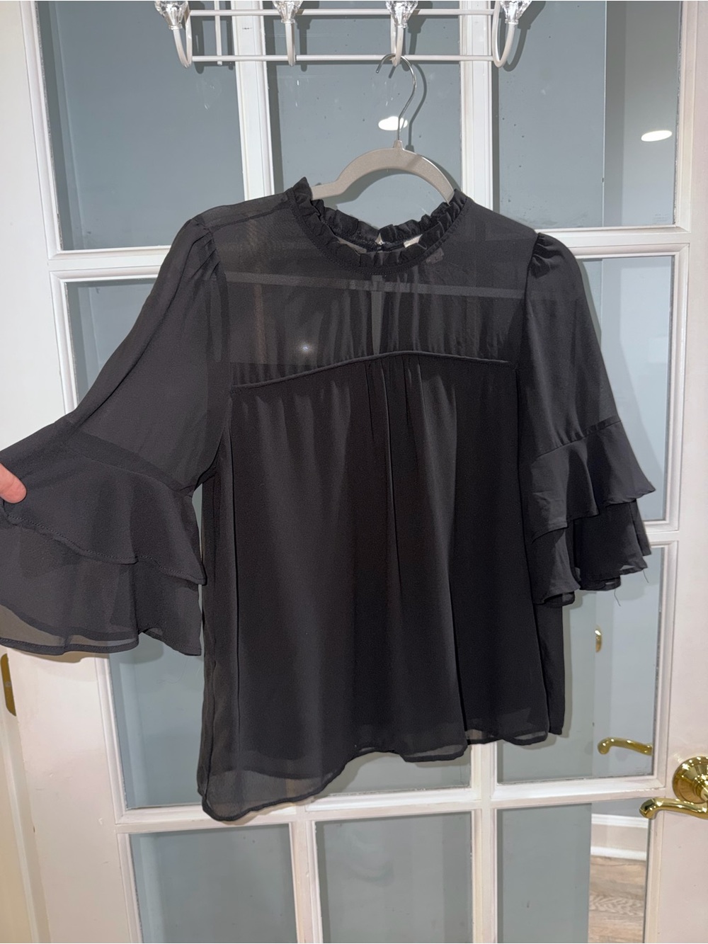 Monteau Los Angeles Peplum Blouse Womens Black Lined 1/2 Sheer